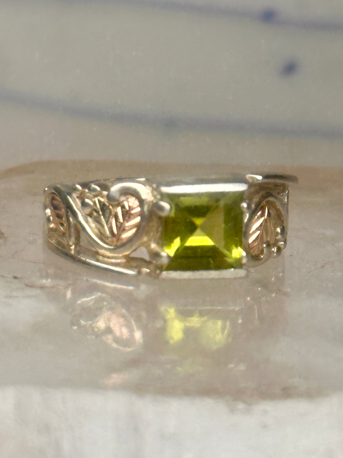 Vintage Coleman Black Hills Gold Sterling Silver 12K Gold Princess Green Quartz Ring Size 5 925