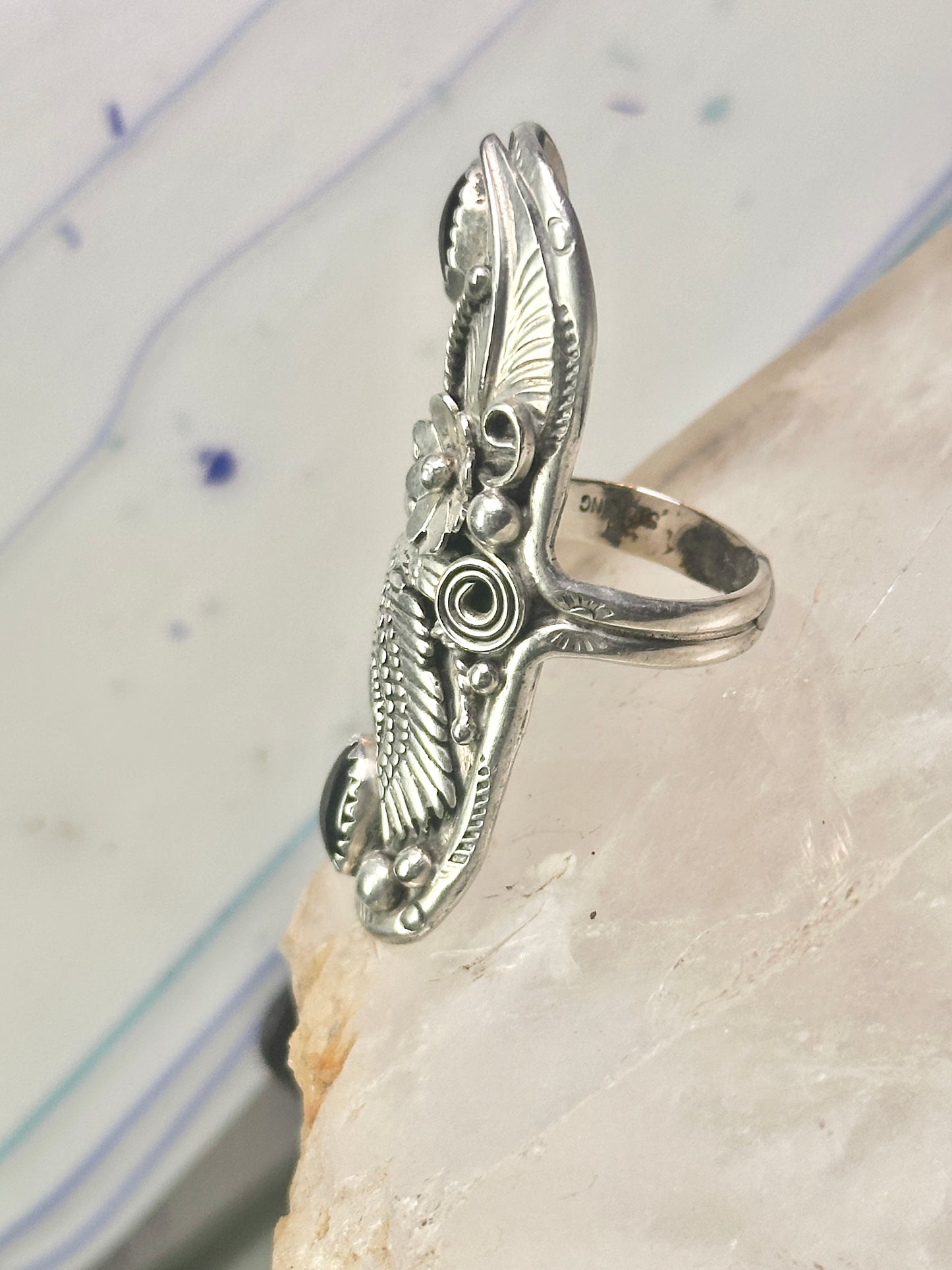 Long eagle ring onyx Navajo leaves full finger band&nbsp; size 7 sterling silver women AS IS