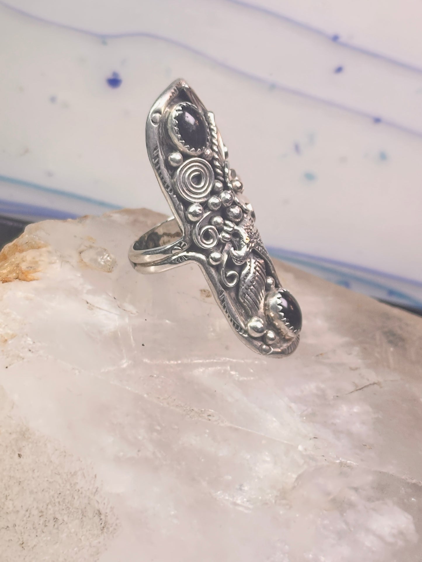 Long eagle ring onyx Navajo leaves full finger band&nbsp; size 7 sterling silver women AS IS
