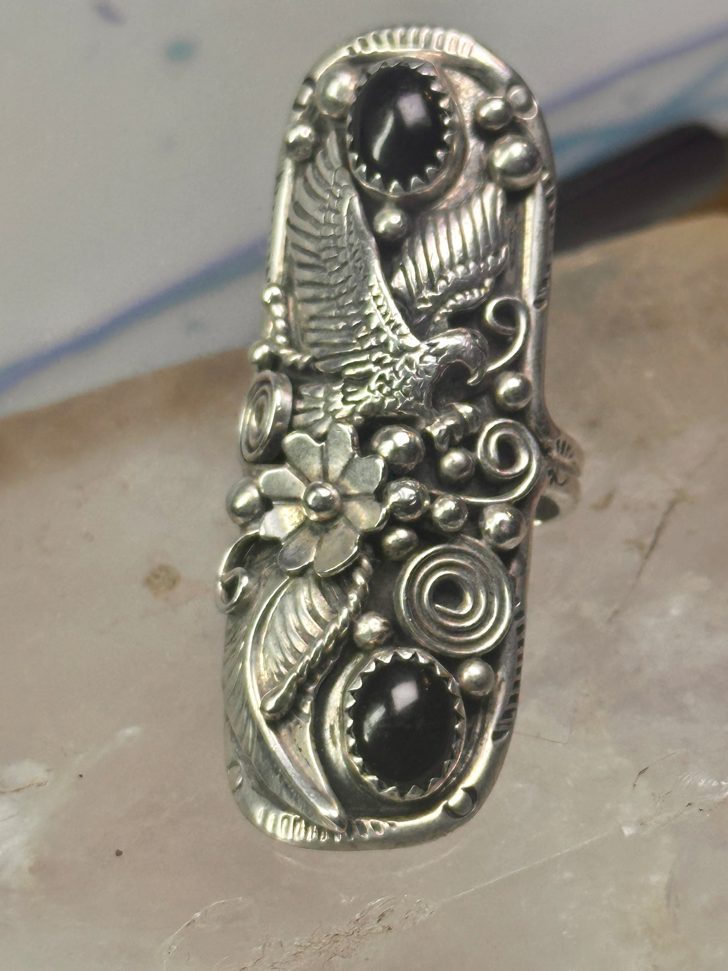 Long eagle ring onyx Navajo leaves full finger band&nbsp; size 7 sterling silver women AS IS