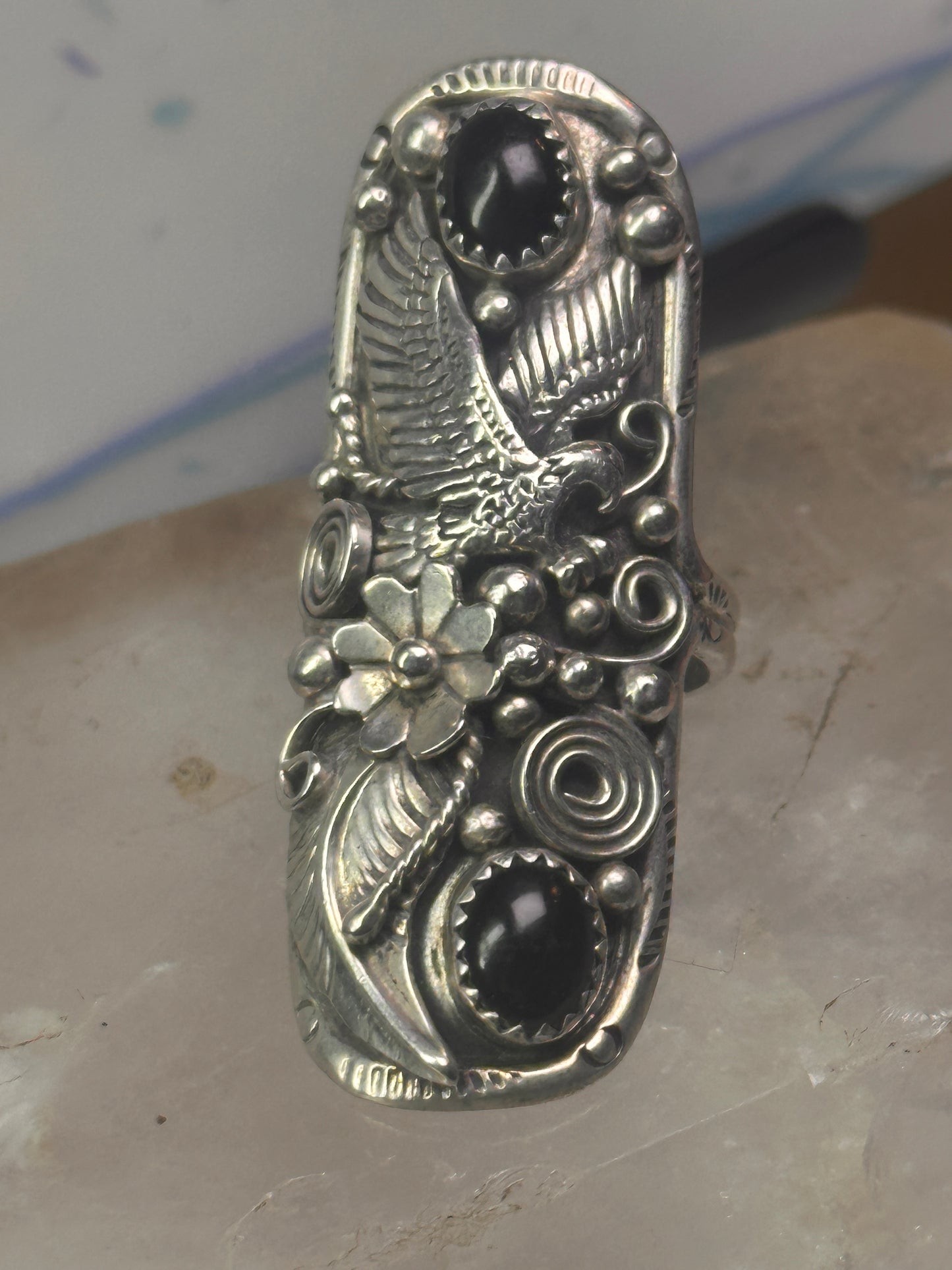Long eagle ring onyx Navajo leaves full finger band&nbsp; size 7 sterling silver women AS IS