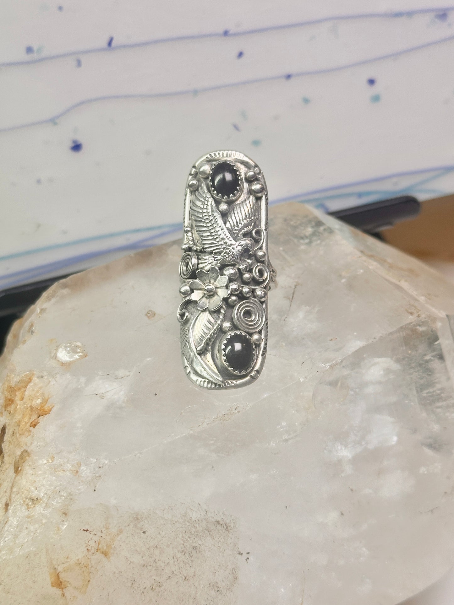 Long eagle ring onyx Navajo leaves full finger band&nbsp; size 7 sterling silver women AS IS
