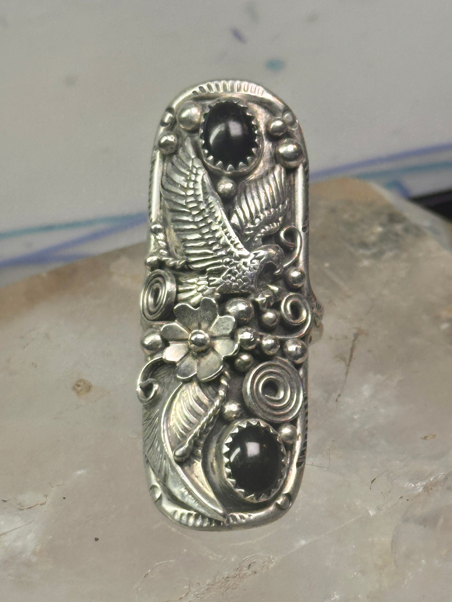 Long eagle ring onyx Navajo leaves full finger band&nbsp; size 7 sterling silver women AS IS