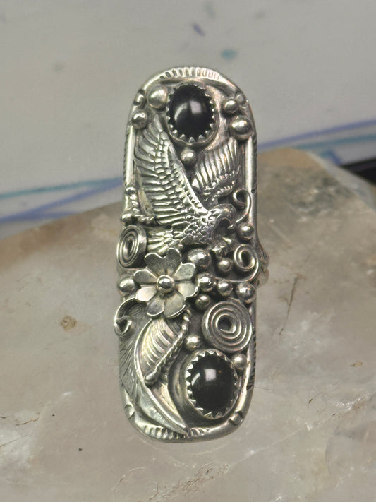 Long eagle ring onyx Navajo leaves full finger band&nbsp; size 7 sterling silver women AS IS