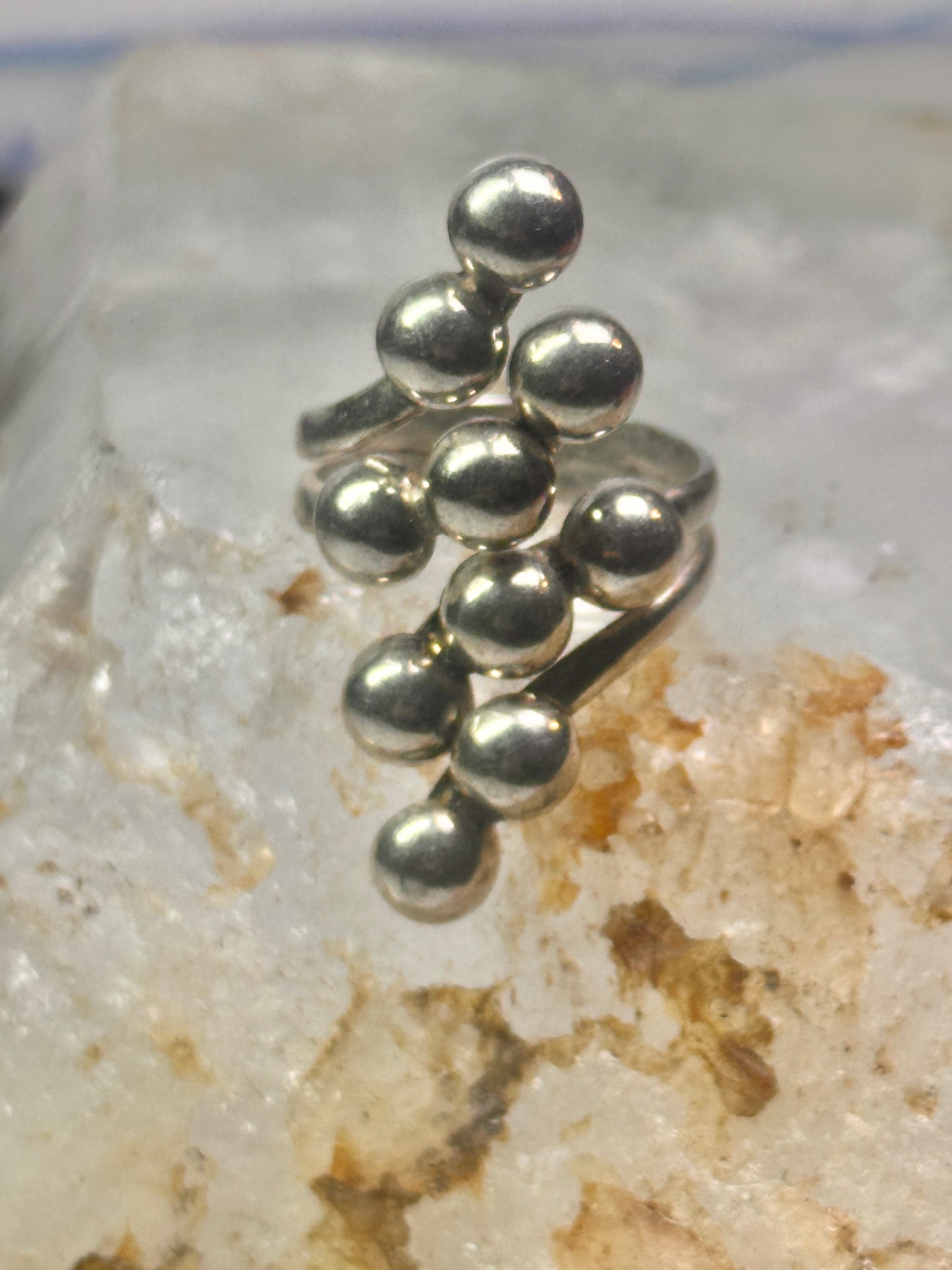 Long bubble bead ring boho full finger band size 7.50 sterling silver women