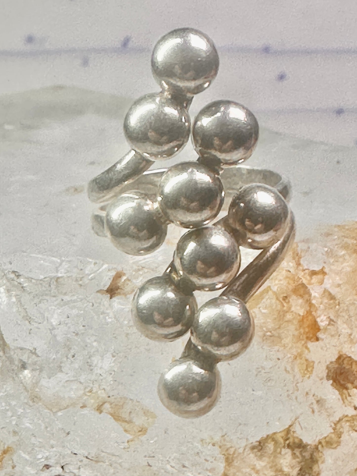 Long bubble bead ring boho full finger band size 7.50 sterling silver women