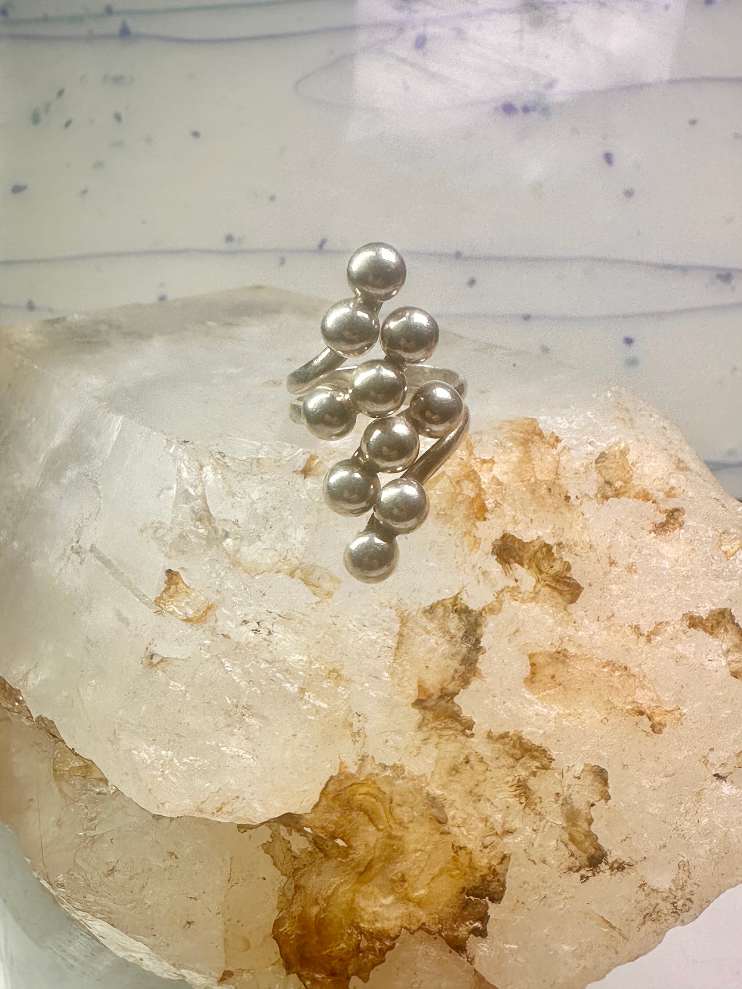 Long bubble bead ring boho full finger band size 7.50 sterling silver women