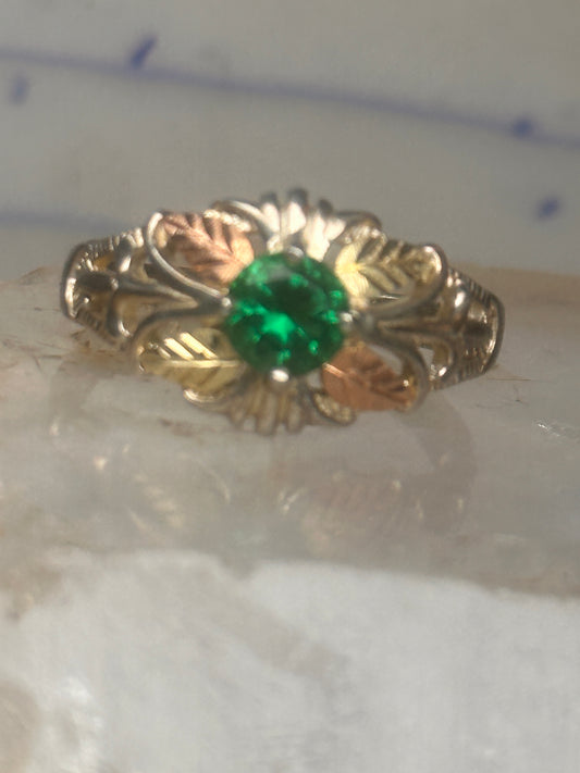 Vintage Coleman Black Hills Gold Sterling Silver 12K Tri Color Green Quartz Ring Size 10 925