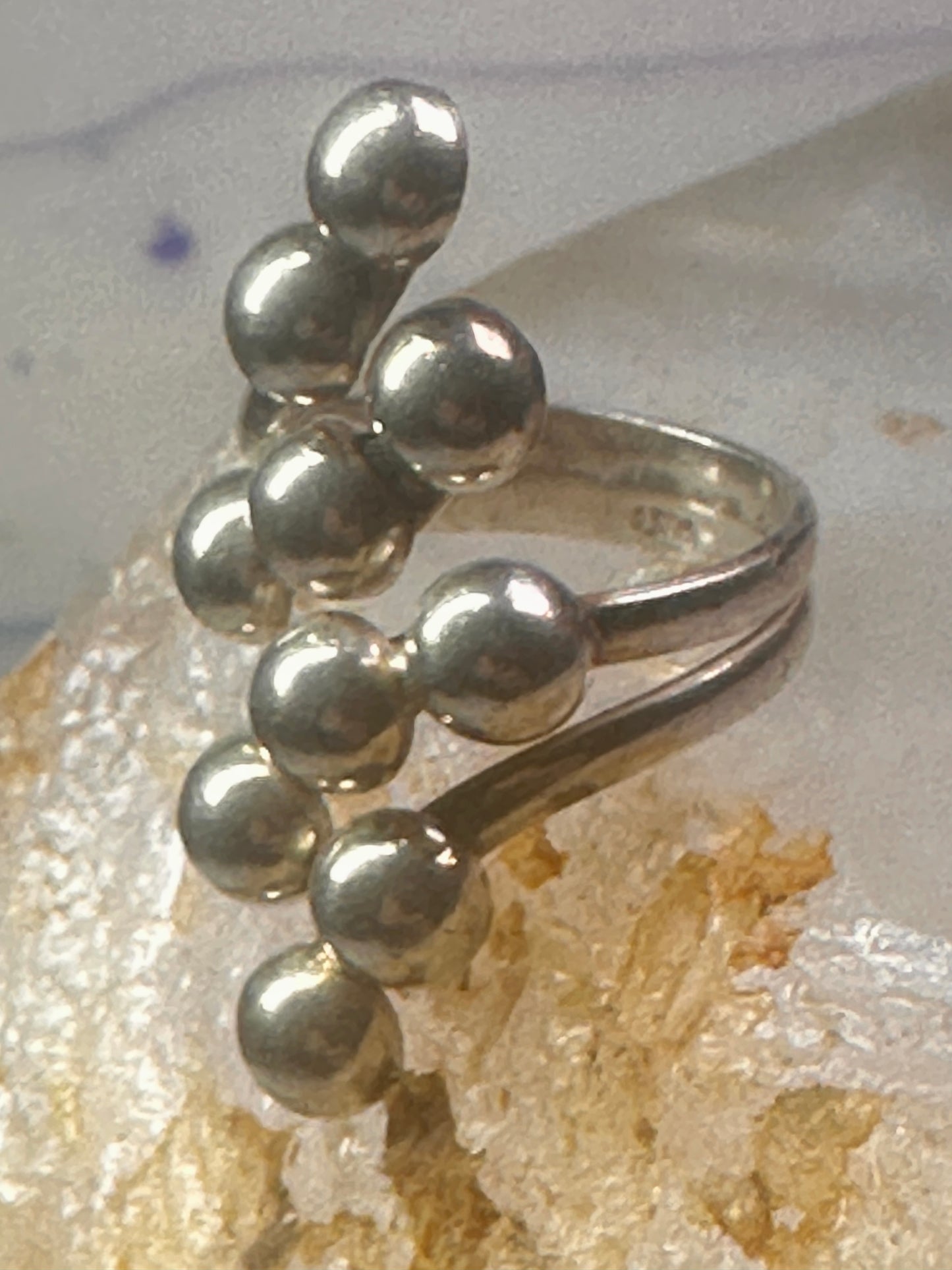 Long bubble bead ring boho full finger band size 7.50 sterling silver women