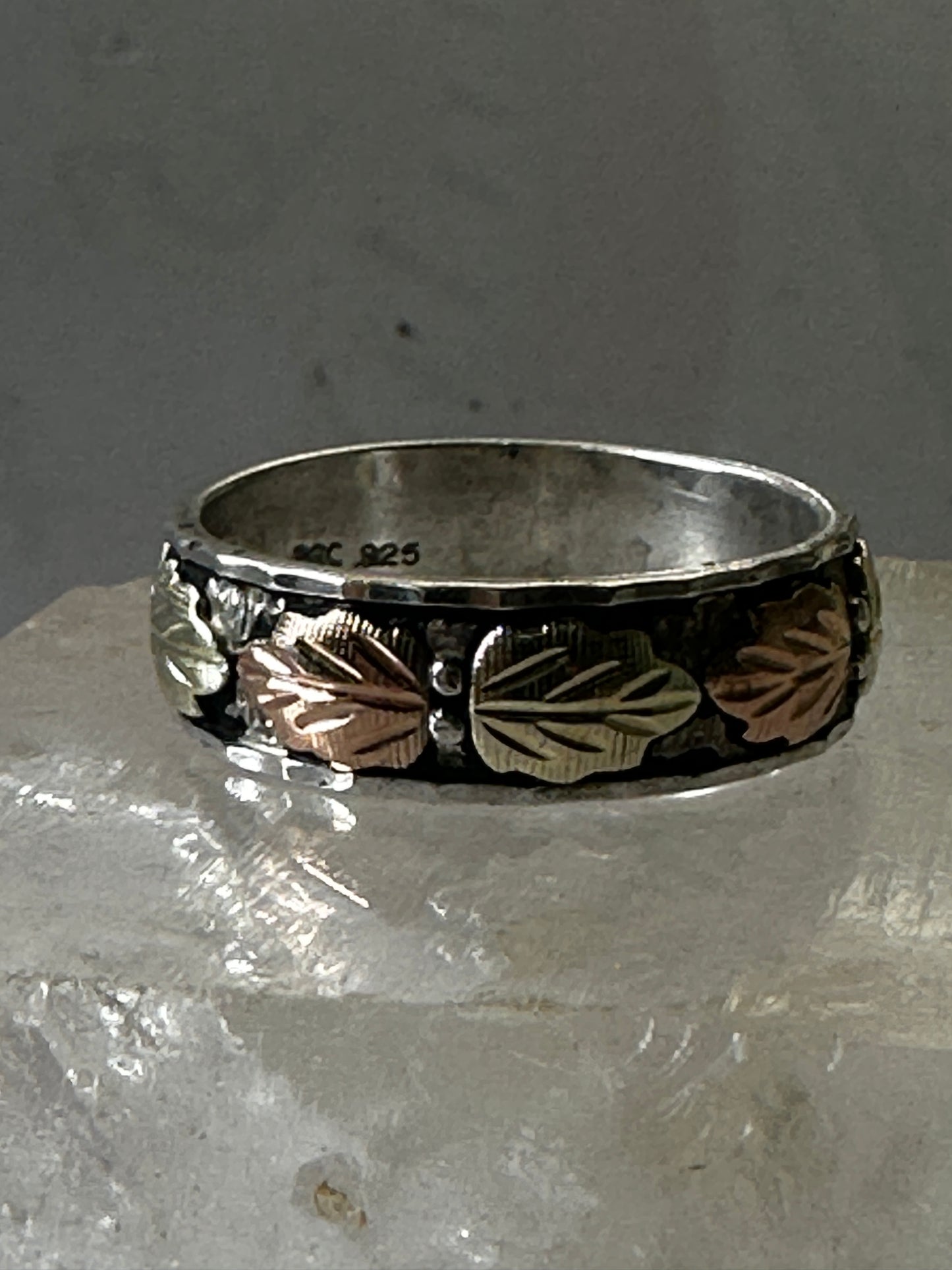 Black Hills Gold ring size 10.75 rose leaves wedding sterling silver band women men