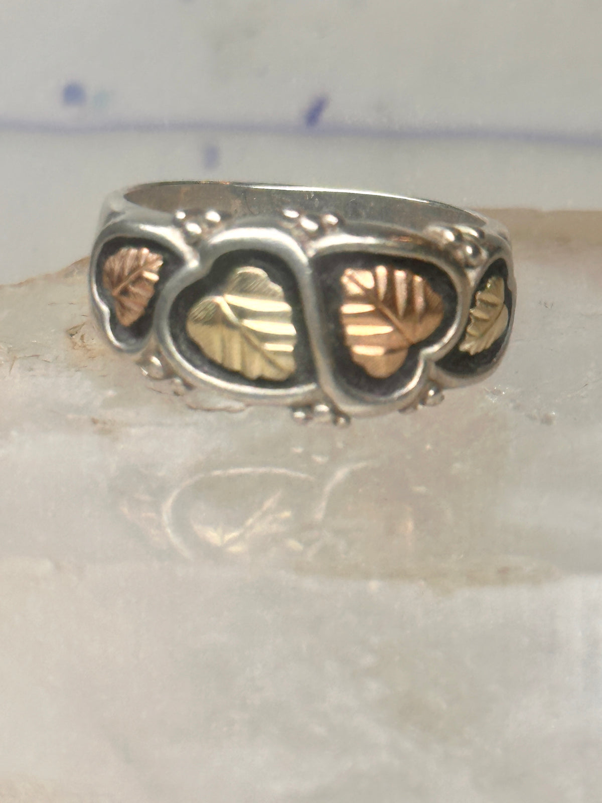 Vintage Black Hills Gold Style Sterling Silver 12K Gold Hearts Ring Band Size 10 925