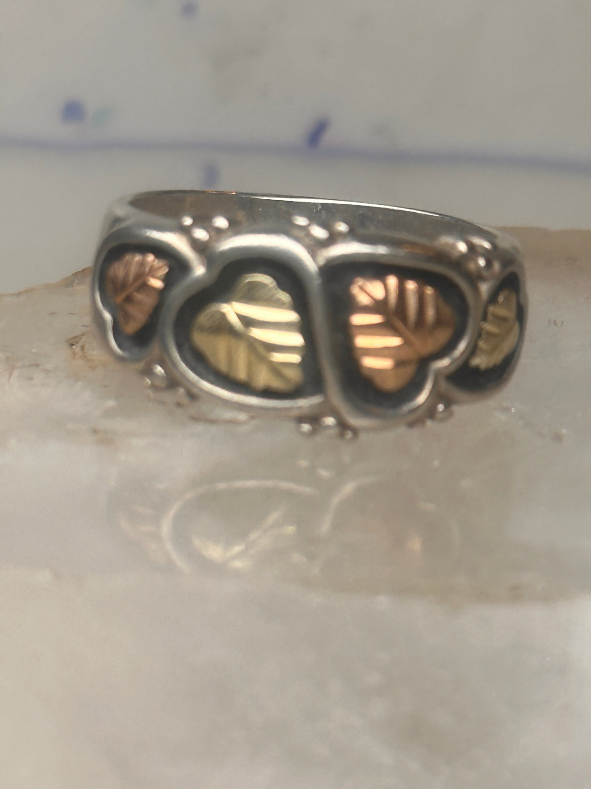 Vintage Black Hills Gold Style Sterling Silver 12K Gold Hearts Ring Band Size 10 925