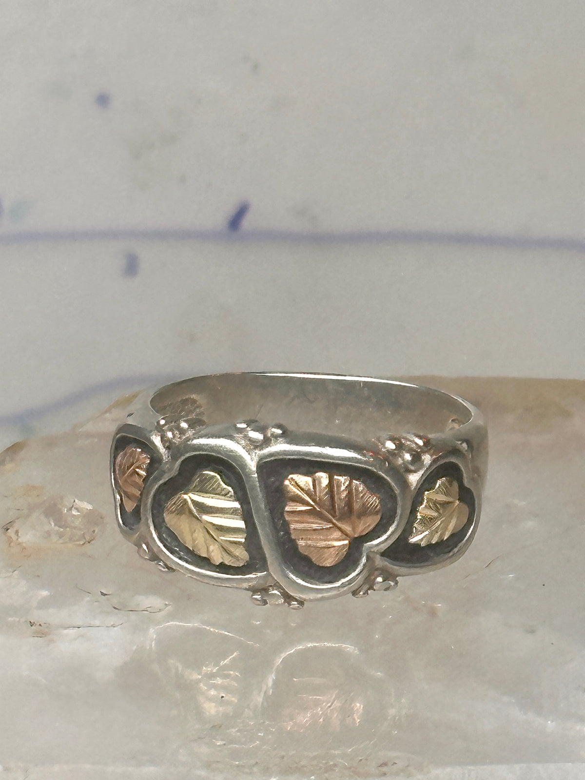 Vintage Black Hills Gold Style Sterling Silver 12K Gold Hearts Ring Band Size 10 925