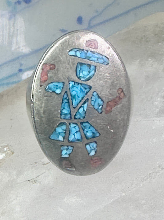 Kachina ring Turquoise chips ring coral band size 11 sterling silver women men