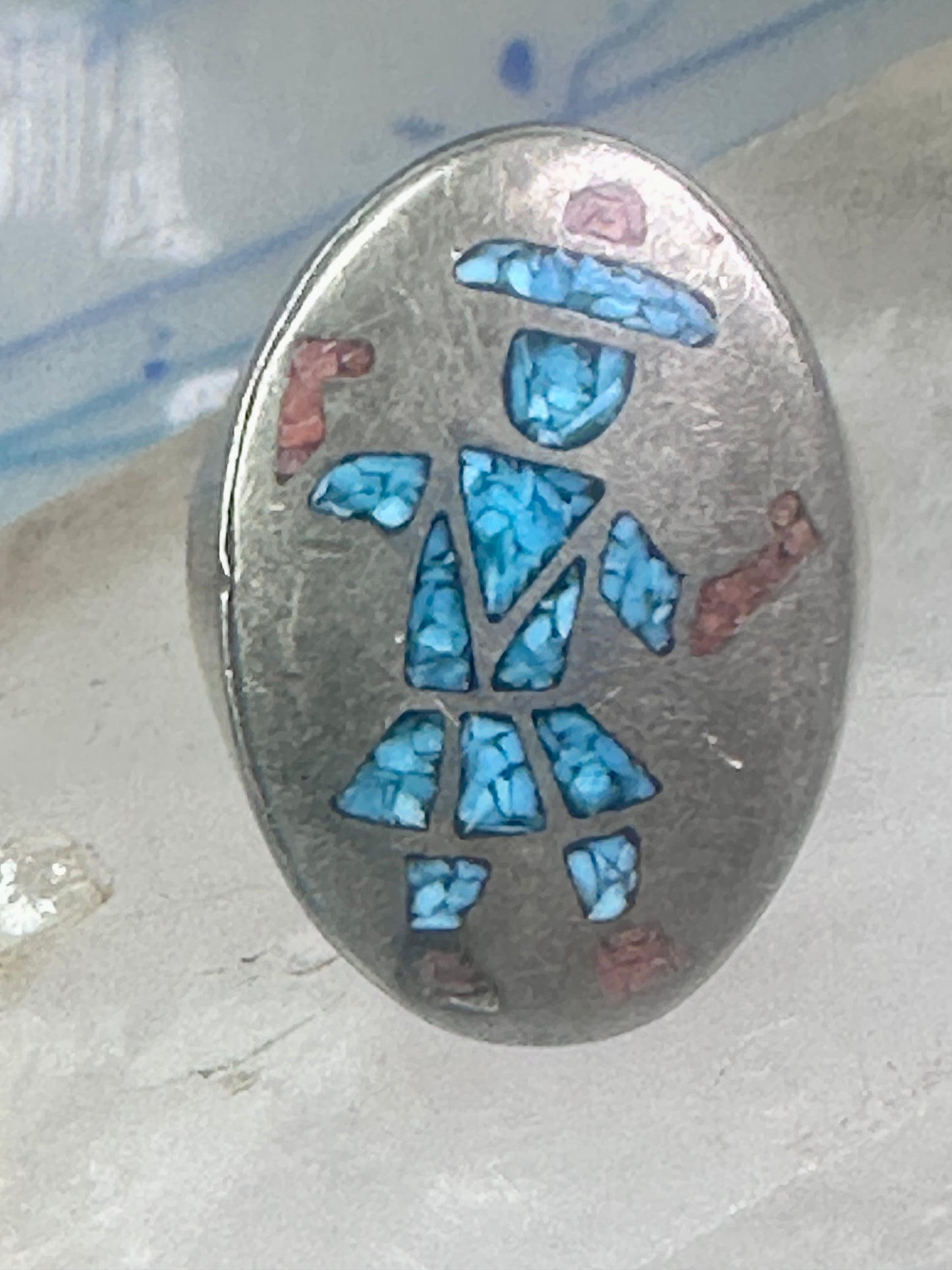 Kachina ring Turquoise chips ring coral band size 11 sterling silver women men