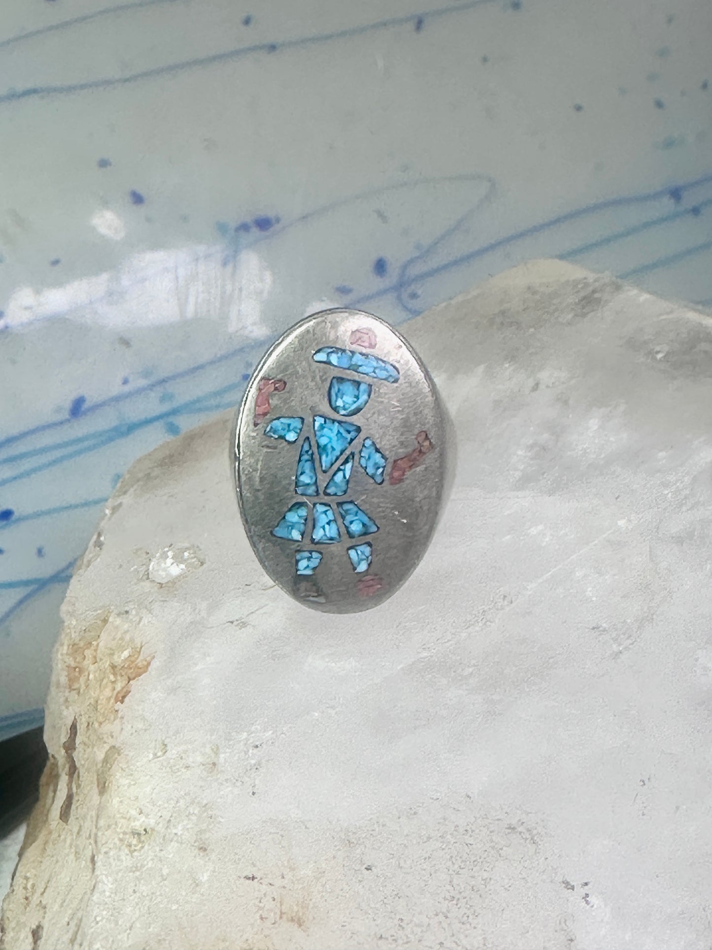 Kachina ring Turquoise chips ring coral band size 11 sterling silver women men