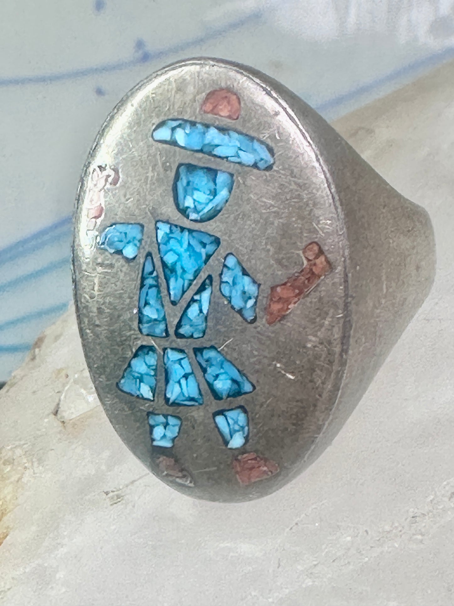 Kachina ring Turquoise chips ring coral band size 11 sterling silver women men