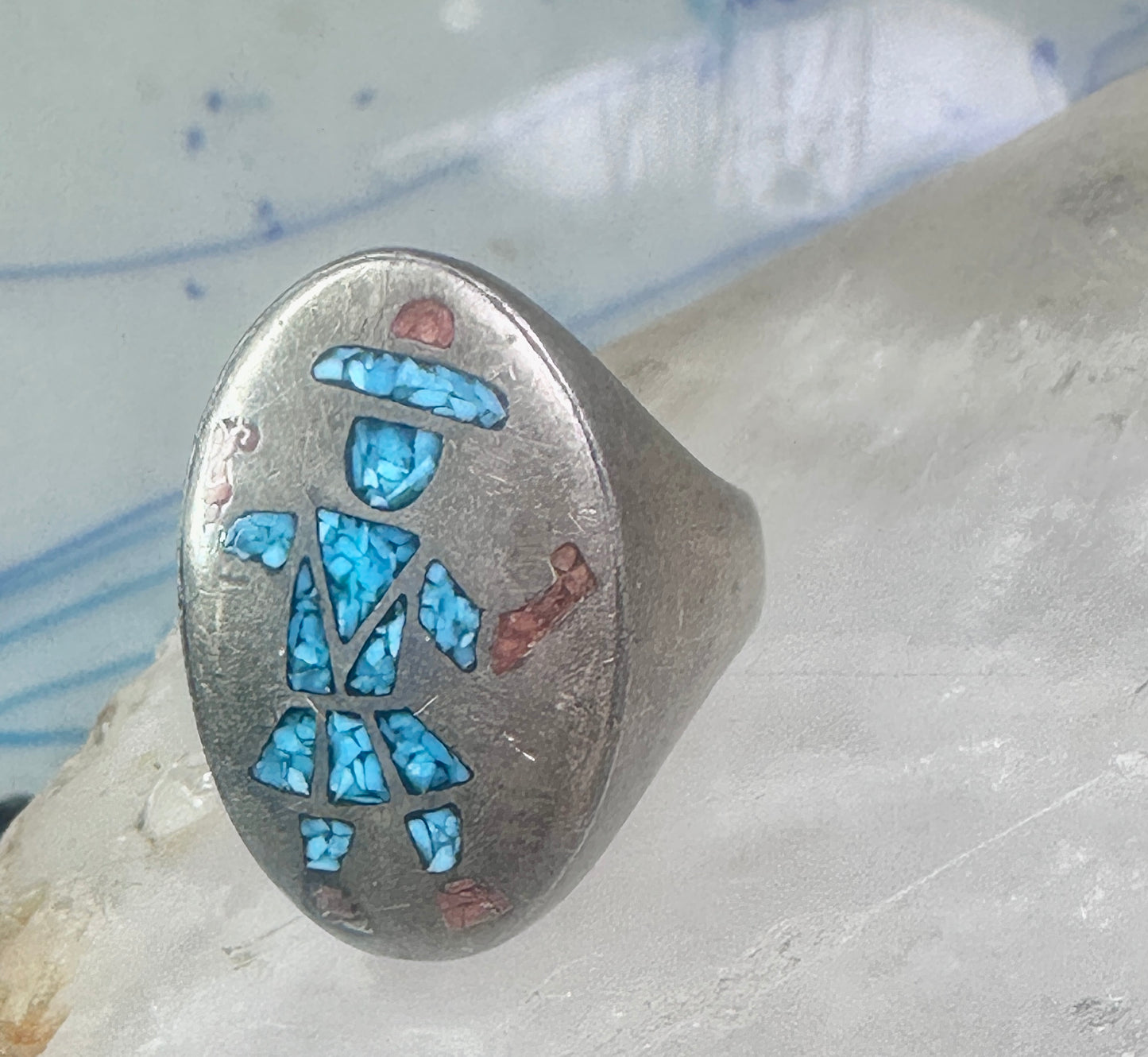 Kachina ring Turquoise chips ring coral band size 11 sterling silver women men