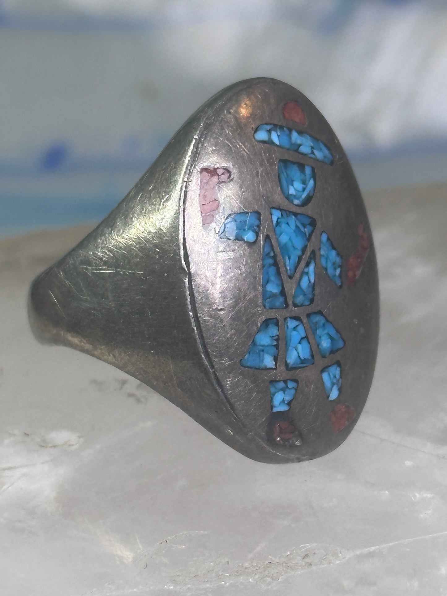 Kachina ring Turquoise chips ring coral band size 11 sterling silver women men