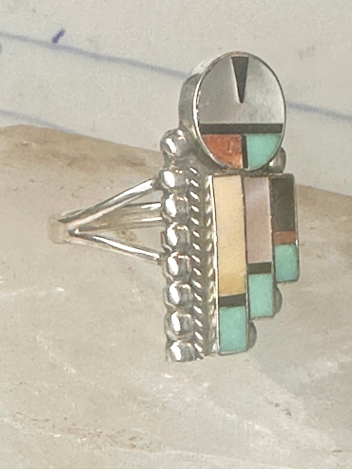 Vintage J Lahi Zuni Sterling Silver Multi Stone Sunface Mosaic Inlay Shield Ring Size 6.75 925