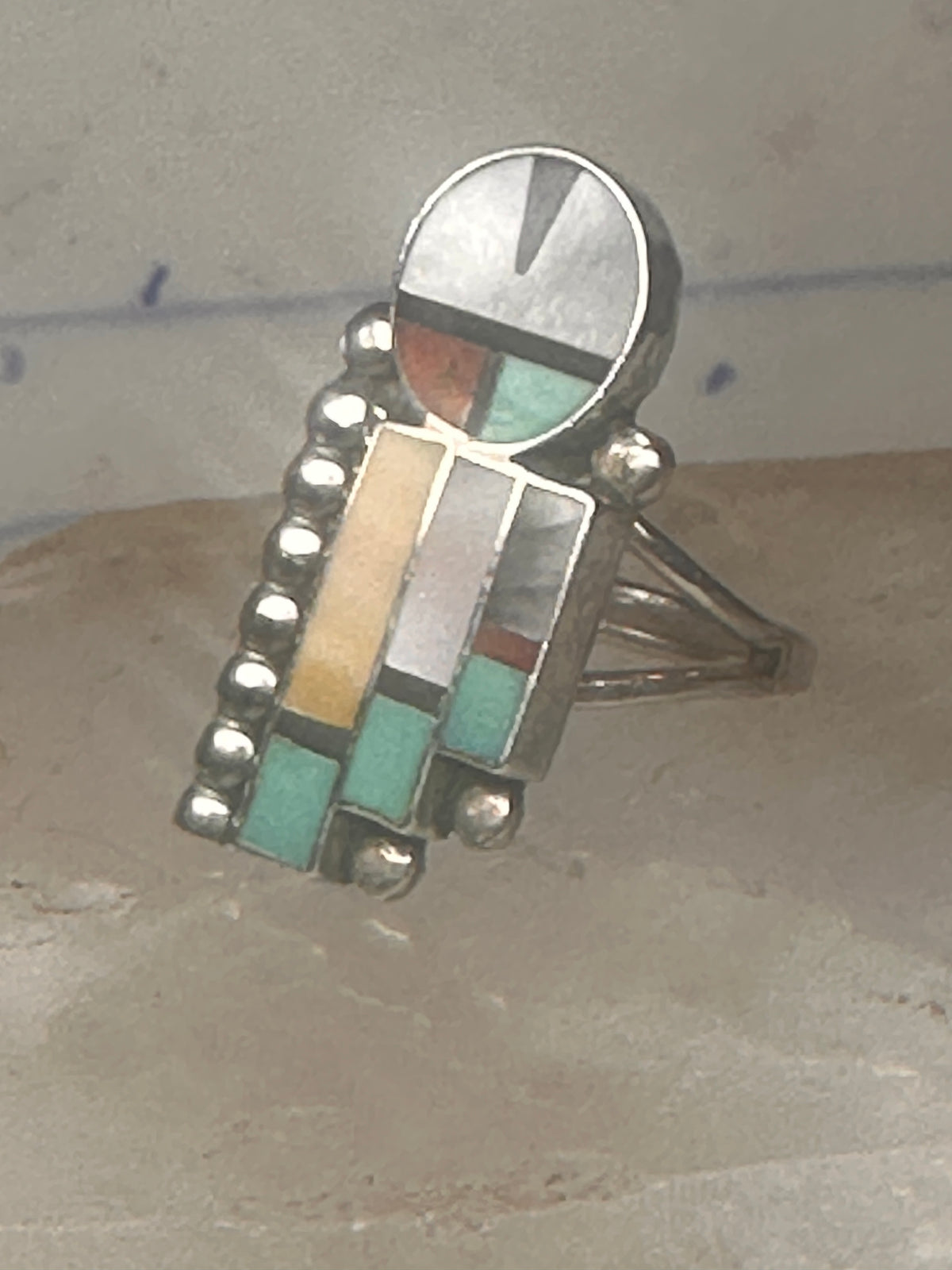 Vintage J Lahi Zuni Sterling Silver Multi Stone Sunface Mosaic Inlay Shield Ring Size 6.75 925