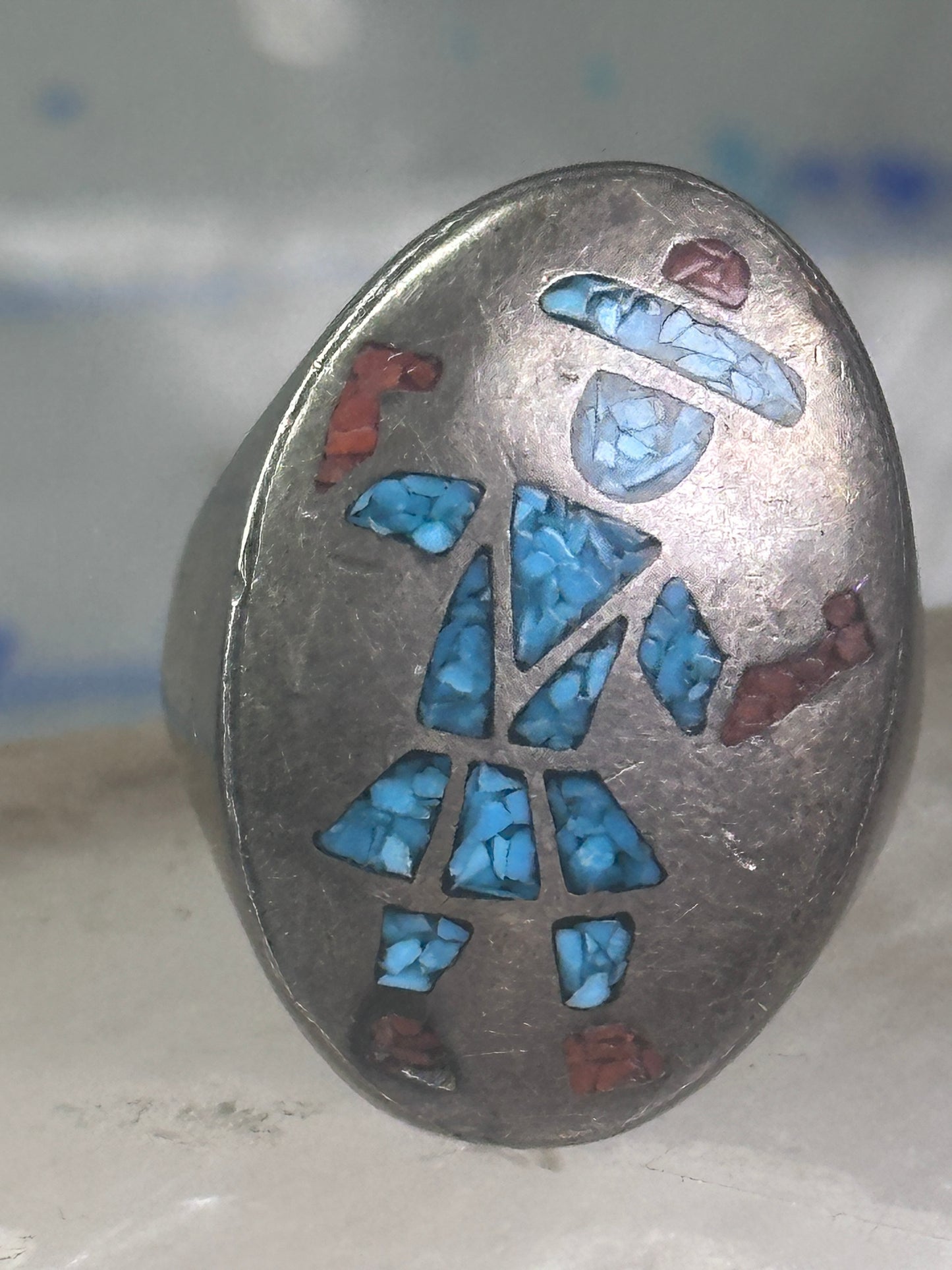 Kachina ring Turquoise chips ring coral band size 11 sterling silver women men