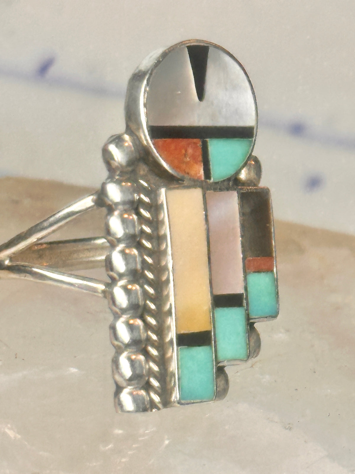Vintage J Lahi Zuni Sterling Silver Multi Stone Sunface Mosaic Inlay Shield Ring Size 6.75 925