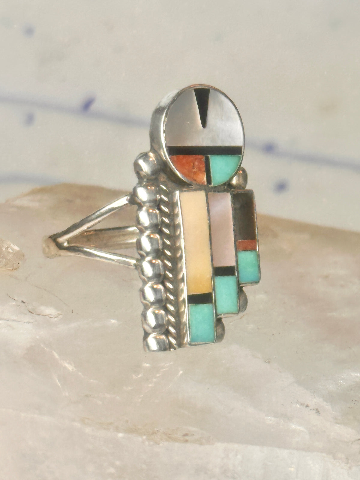 Vintage J Lahi Zuni Sterling Silver Multi Stone Sunface Mosaic Inlay Shield Ring Size 6.75 925