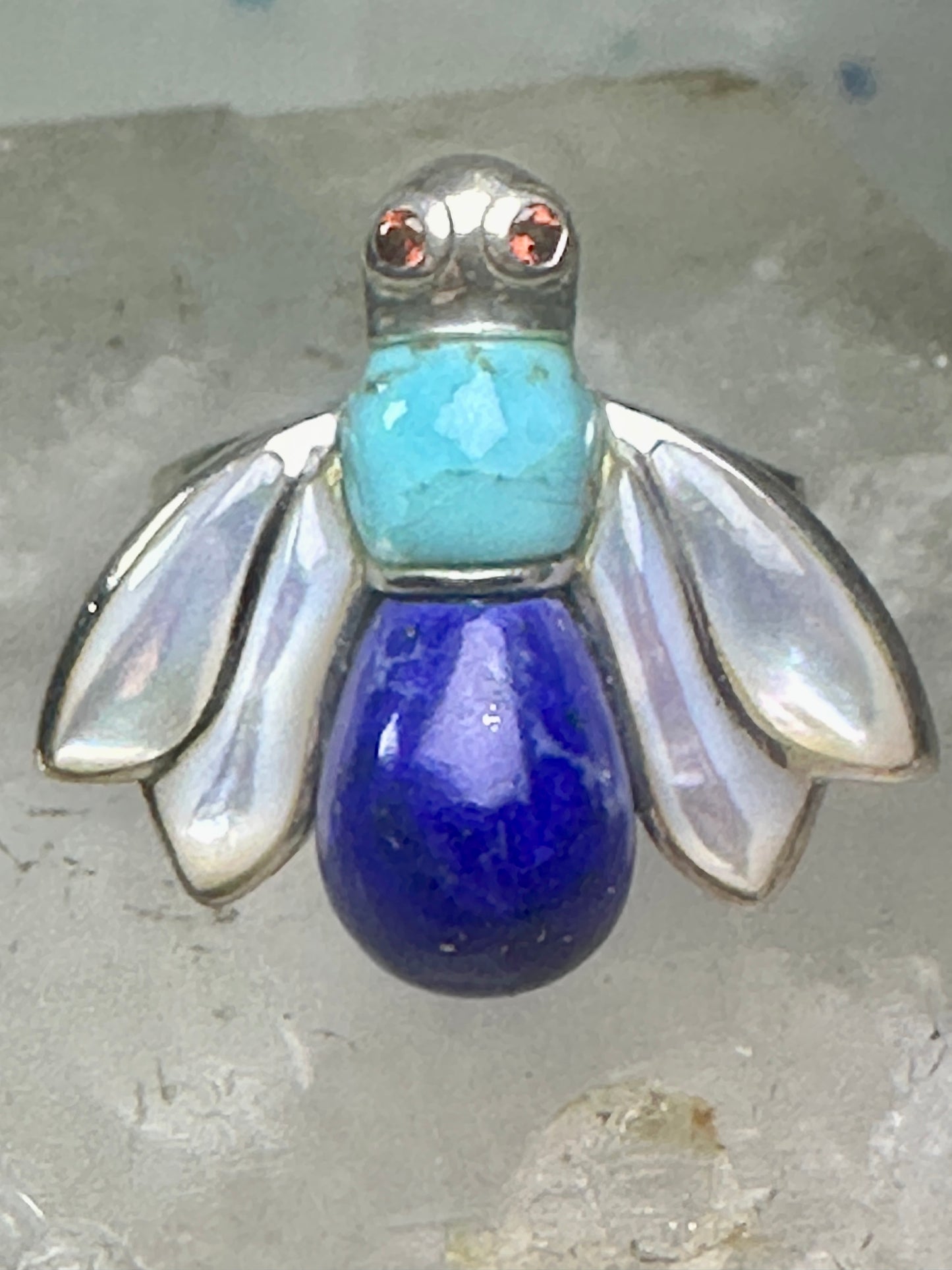 Vintage Bug ring insect blue lapis turquoise mop size 8 sterling silver women