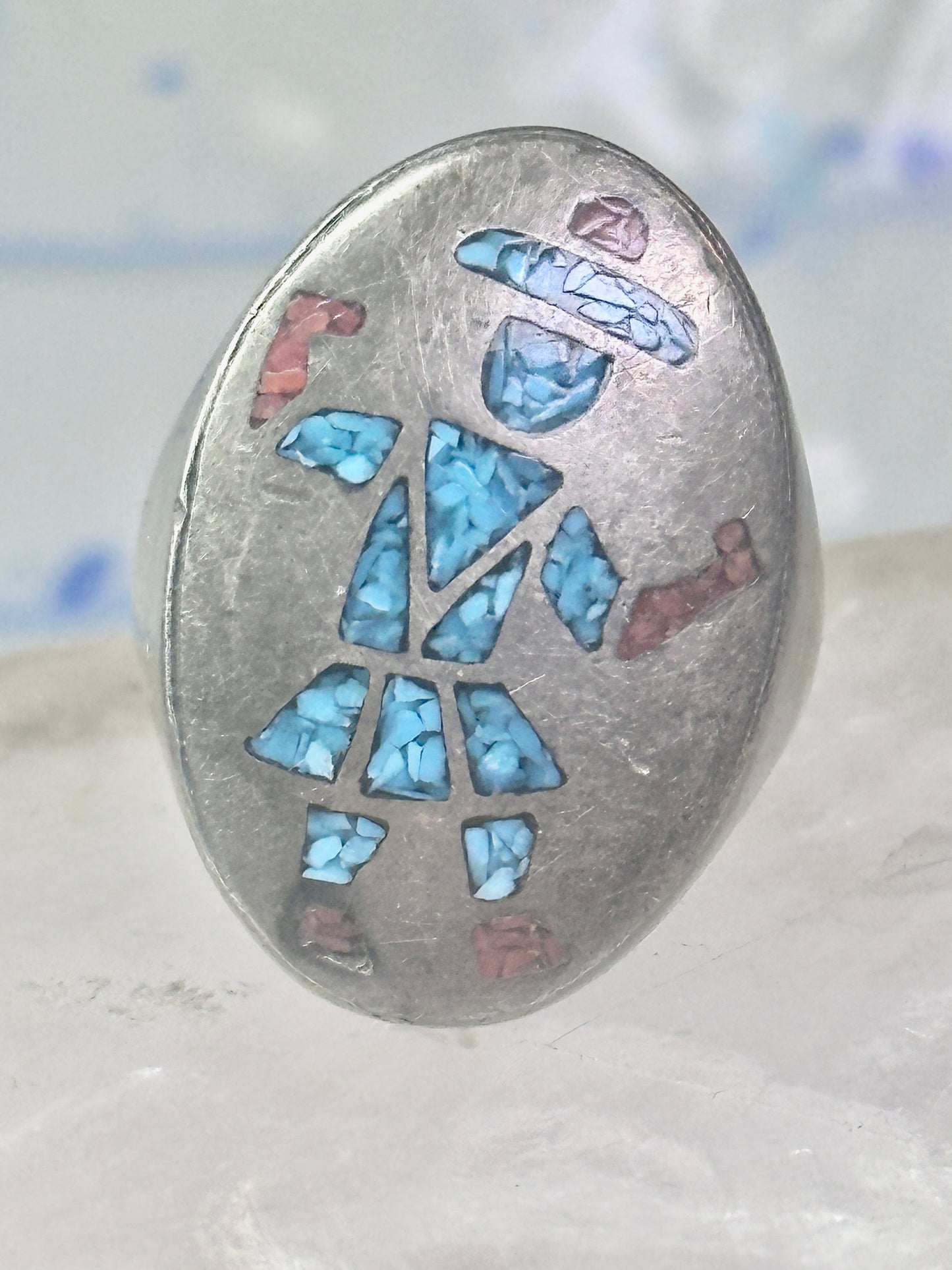 Kachina ring Turquoise chips ring coral band size 11 sterling silver women men
