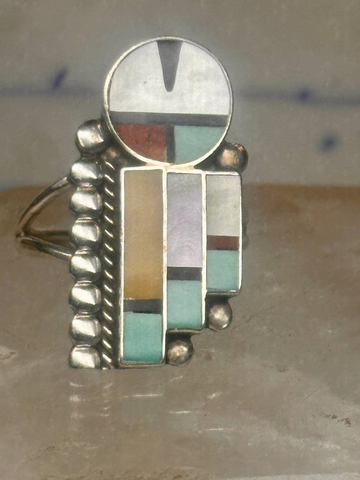 Vintage J Lahi Zuni Sterling Silver Multi Stone Sunface Mosaic Inlay Shield Ring Size 6.75 925