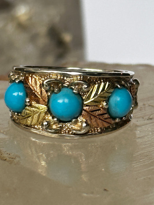 Black Hills Gold ring size 5.75 turquoise leaves sterling silver band  women girls