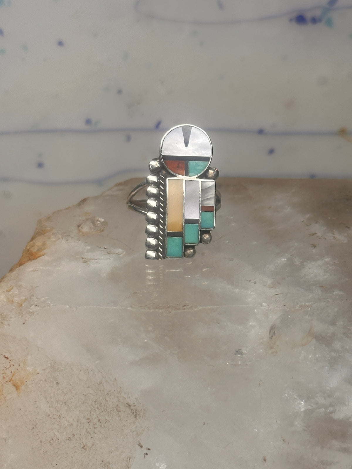 Vintage J Lahi Zuni Sterling Silver Multi Stone Sunface Mosaic Inlay Shield Ring Size 6.75 925