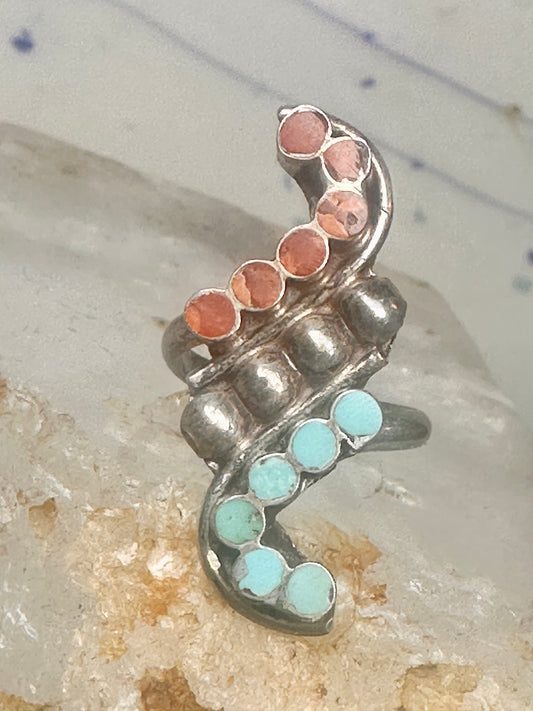 Vintage Zuni Dishta Style Turquoise Coral Flush Snake Eye Cluster Ring Size 5.50 925