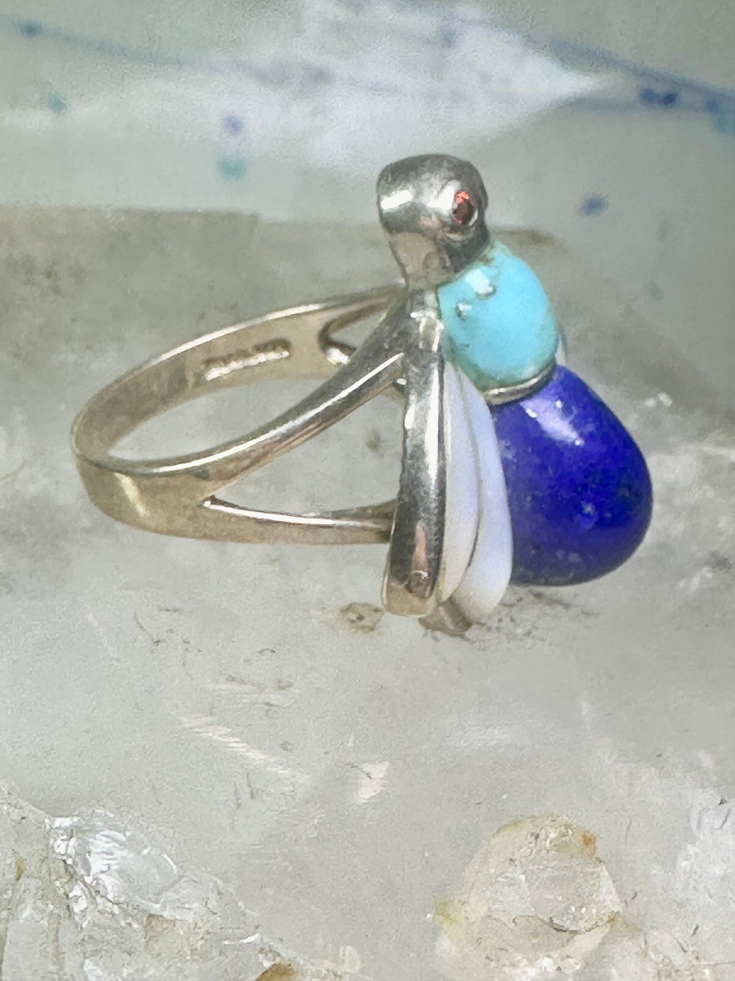 Vintage Bug ring insect blue lapis turquoise mop size 8 sterling silver women
