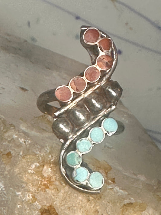 Vintage Zuni Dishta Style Turquoise Coral Flush Snake Eye Cluster Ring Size 5.50 925