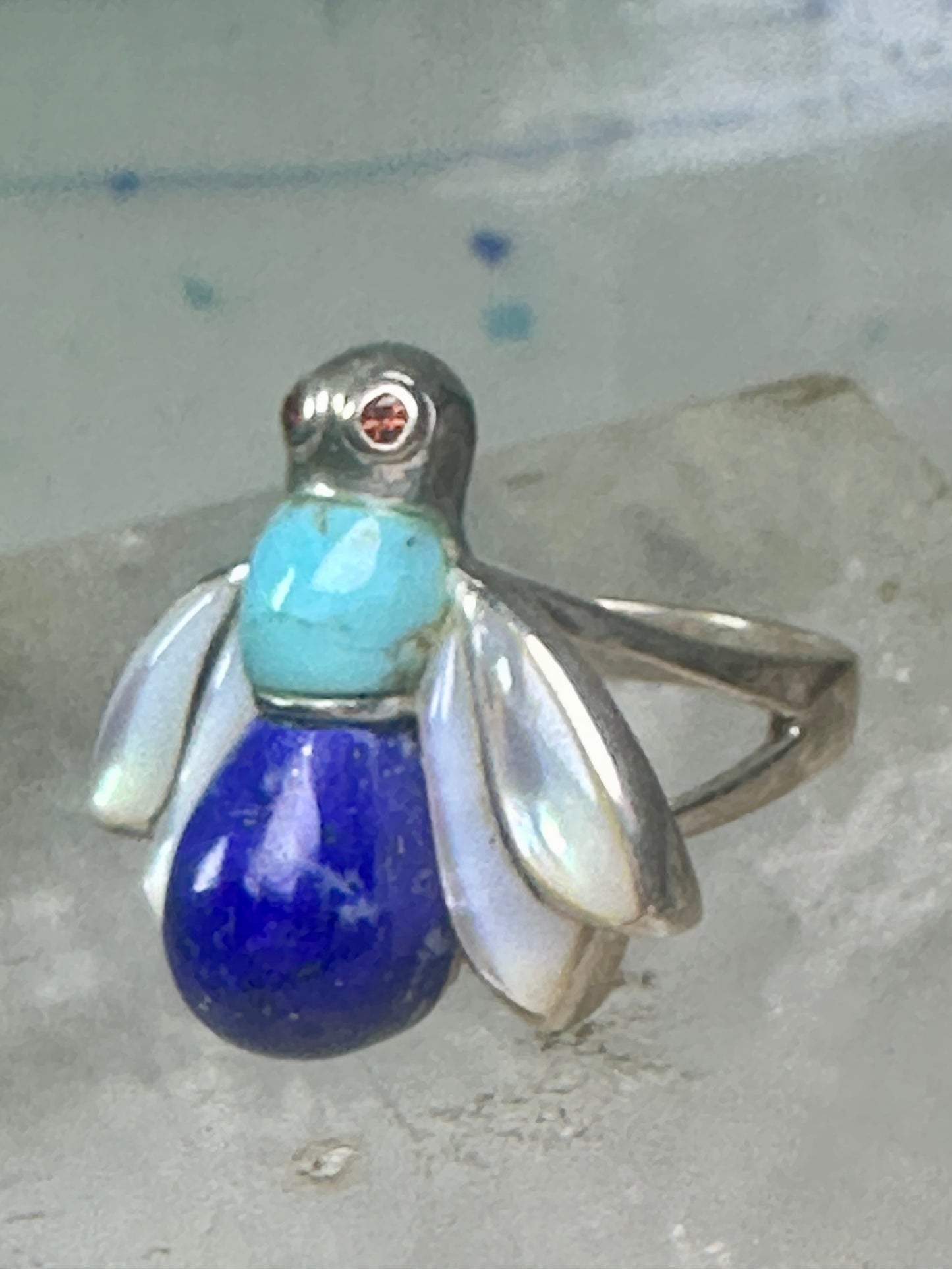 Vintage Bug ring insect blue lapis turquoise mop size 8 sterling silver women