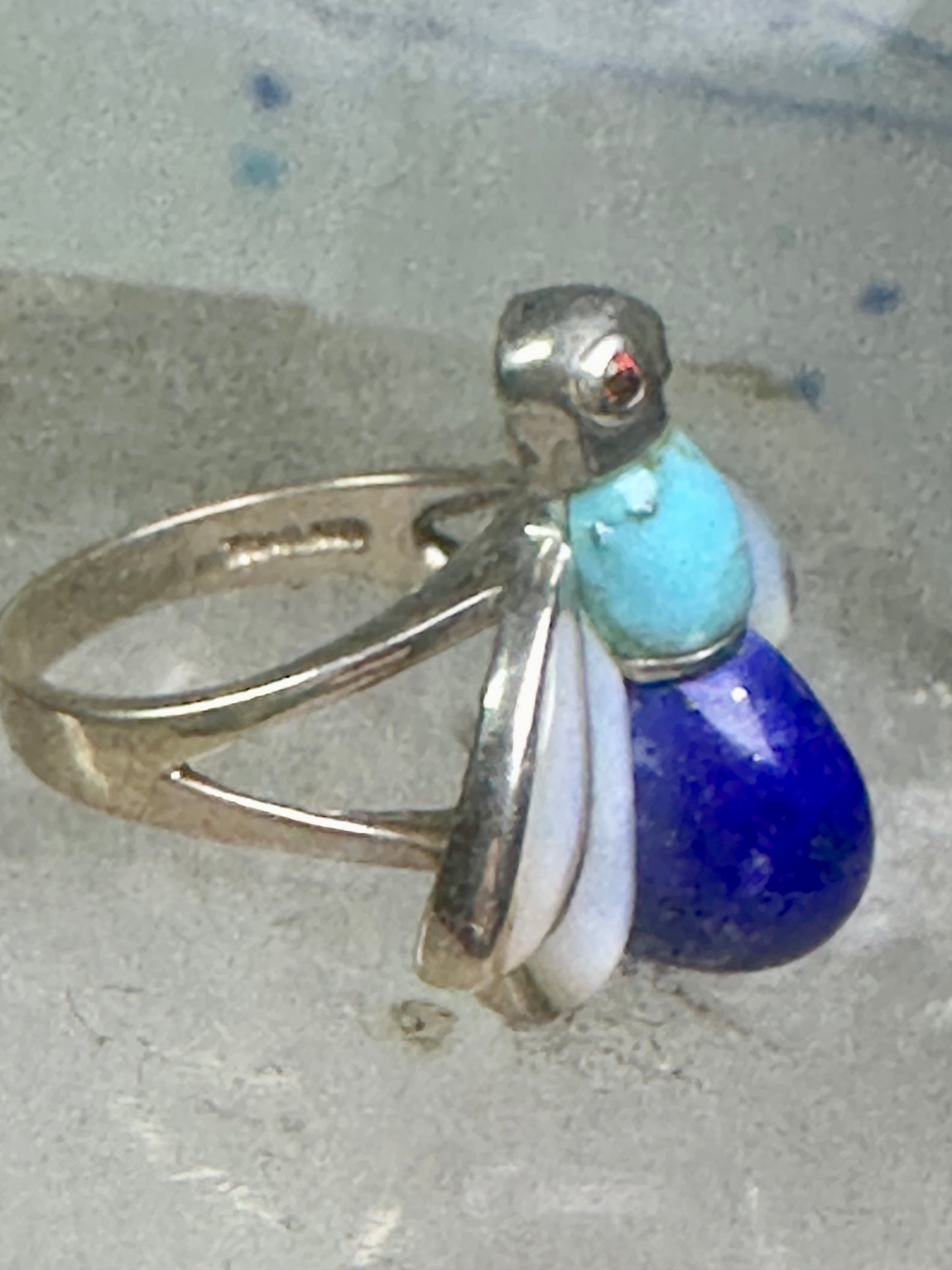 Vintage Bug ring insect blue lapis turquoise mop size 8 sterling silver women