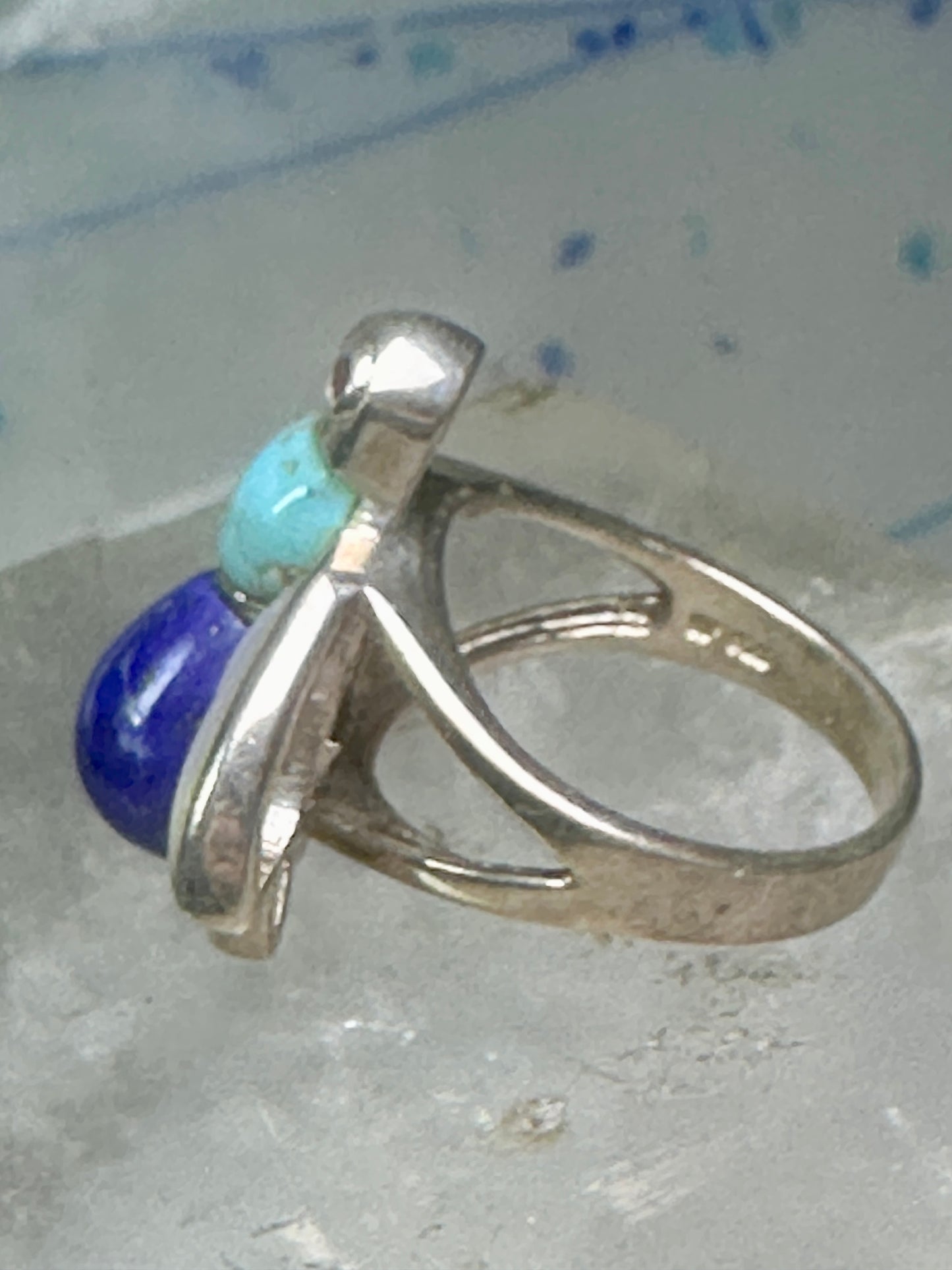 Vintage Bug ring insect blue lapis turquoise mop size 8 sterling silver women