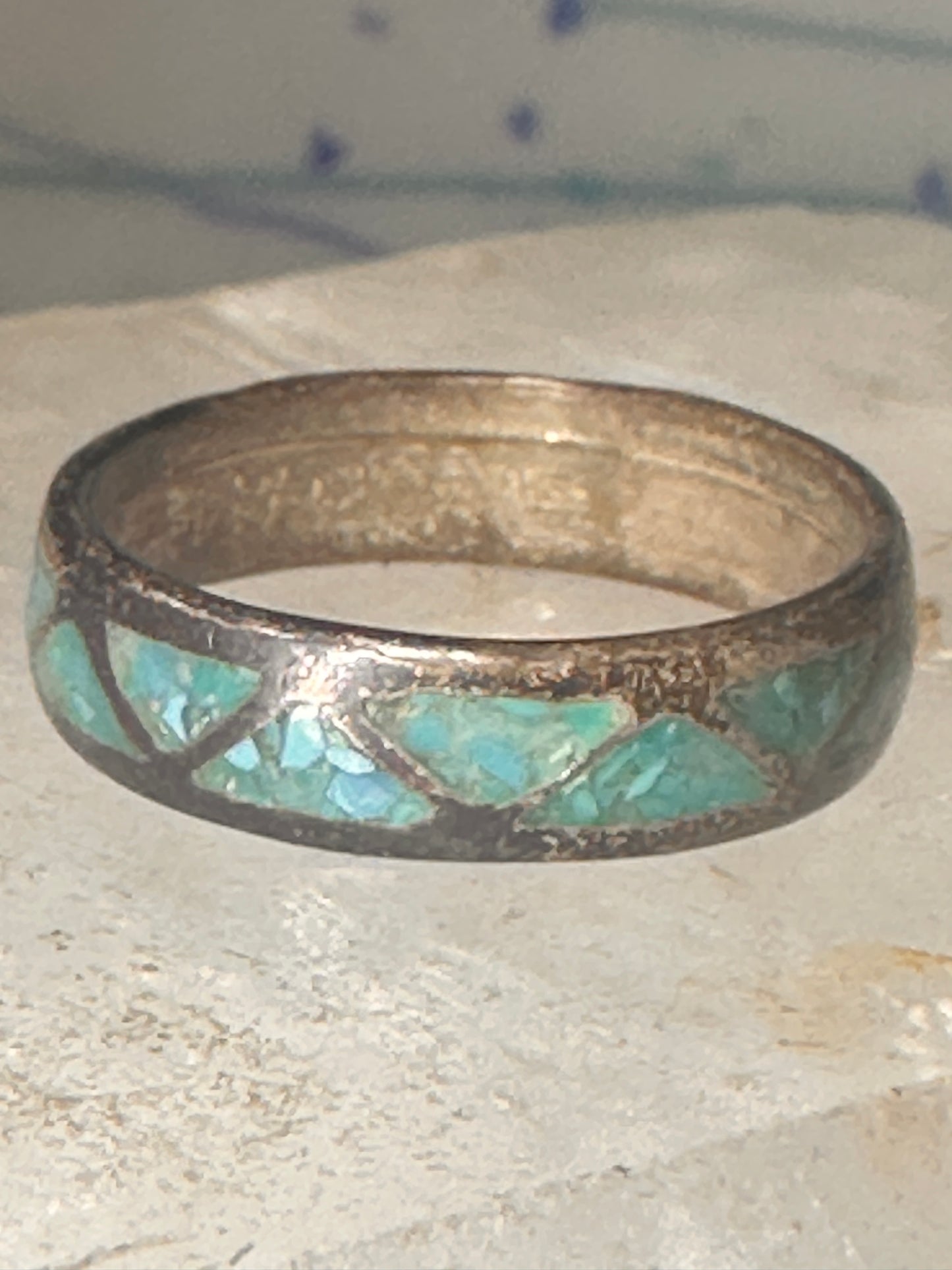 Vintage Zuni wedding band turquoise chips size 8 band sterling silver women men