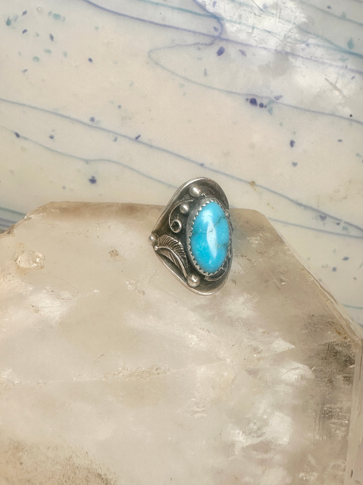 Vintage Navajo Signed JW Sterling Silver Turquoise Leaf Applique Ring Size 4.75 925