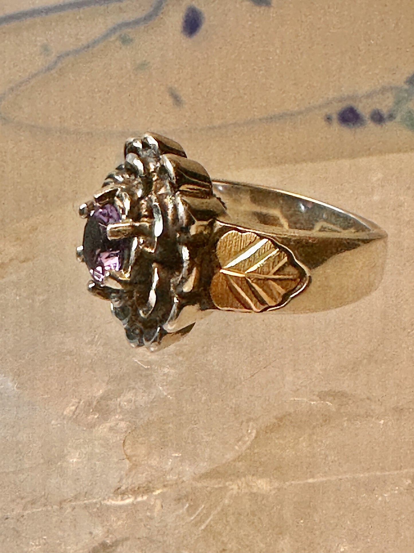Black Hills Gold ring size 5 Flower Amethyst leaves band women