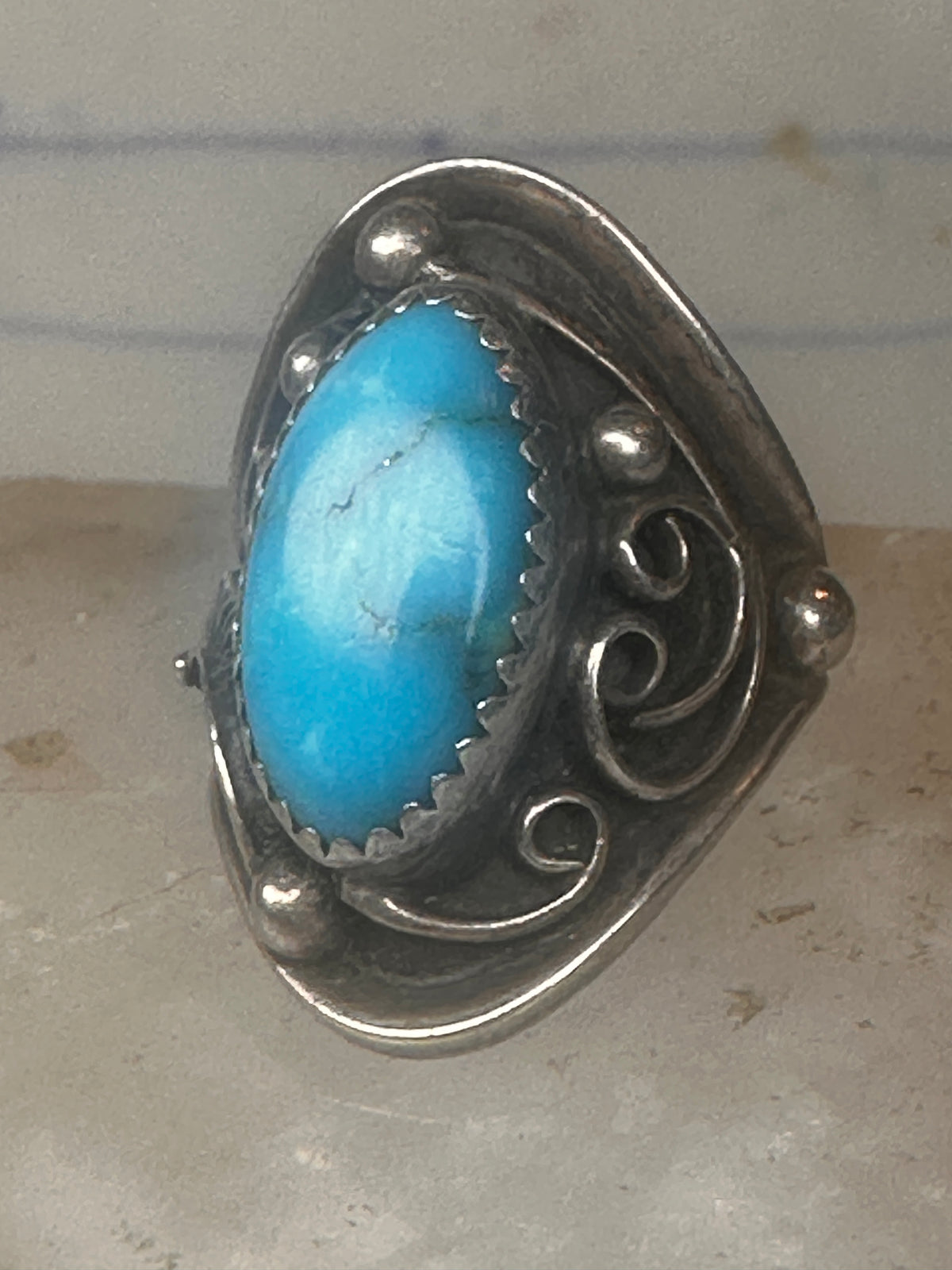 Vintage Navajo Signed JW Sterling Silver Turquoise Leaf Applique Ring Size 4.75 925