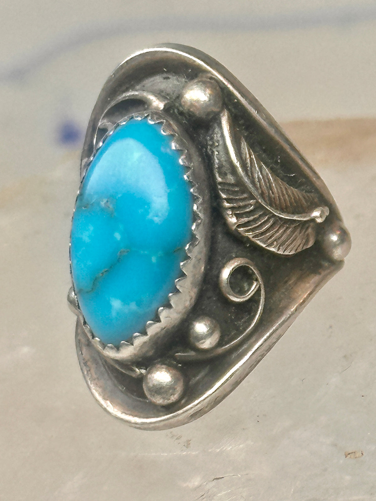Vintage Navajo Signed JW Sterling Silver Turquoise Leaf Applique Ring Size 4.75 925