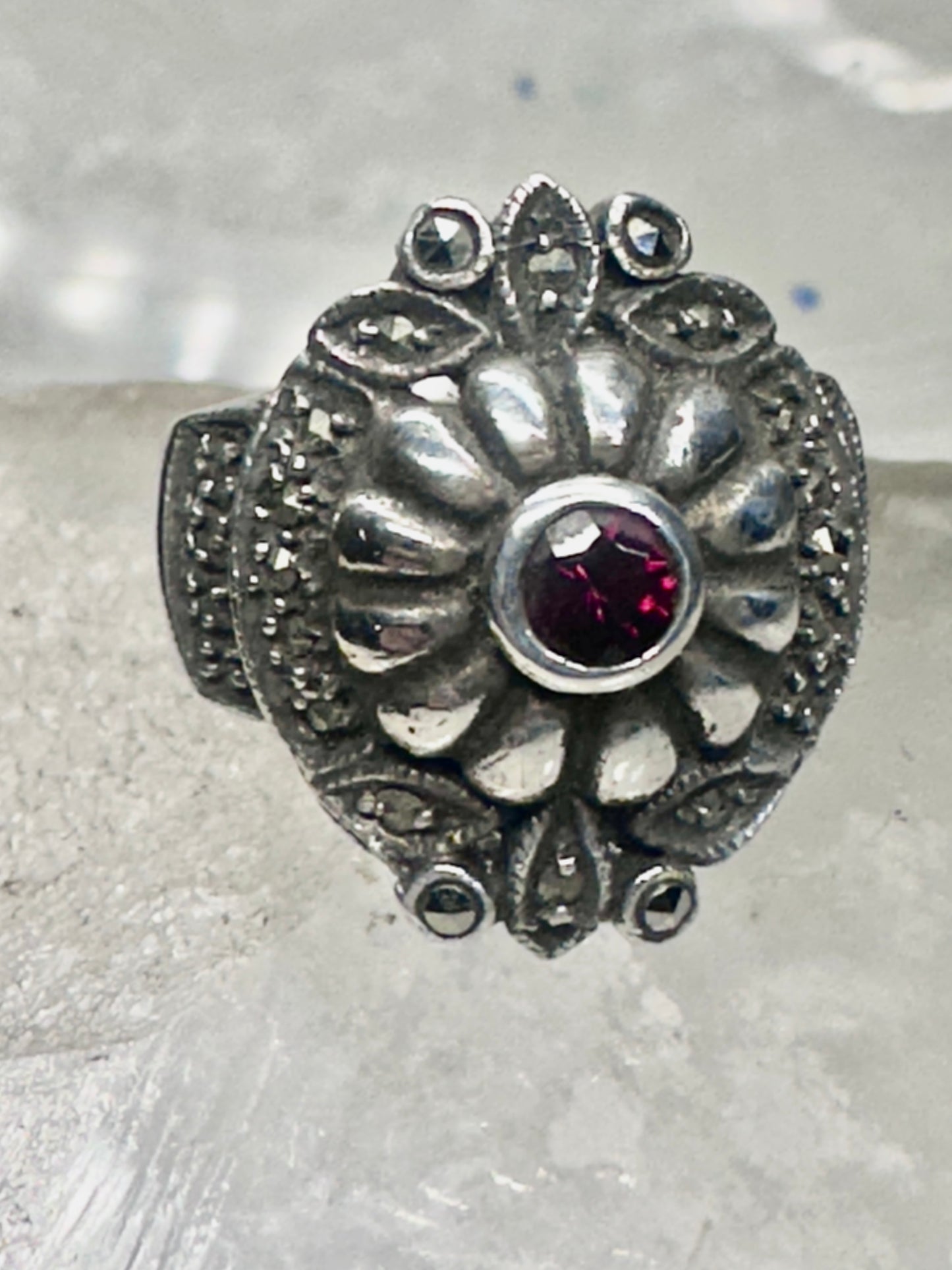 Art Deco ring marcasite band garnet Solid band Size 4.50 sterling silver women girls