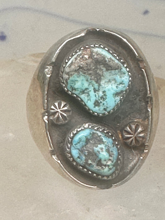 Vintage Navajo Southwestern Sterling Silver Two Stone Turquoise Starburst Shield Ring Size 10 925