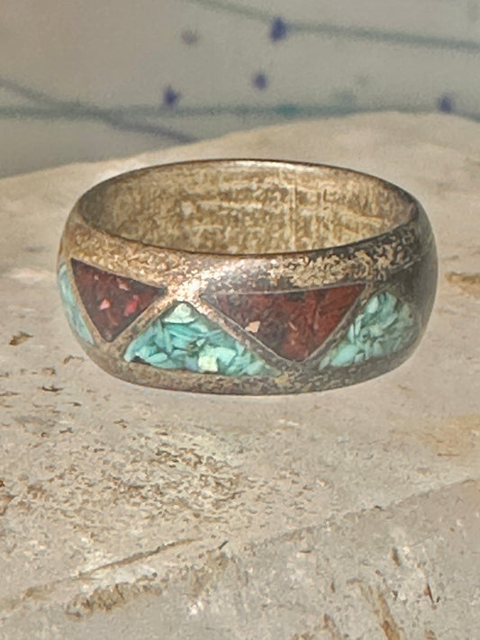 Vintage Zuni wedding band turquoise coral chips size 6 band sterling silver women men