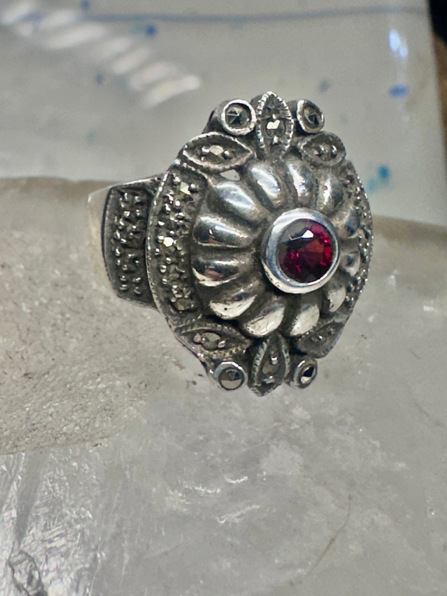 Art Deco ring marcasite band garnet Solid band Size 4.50 sterling silver women girls