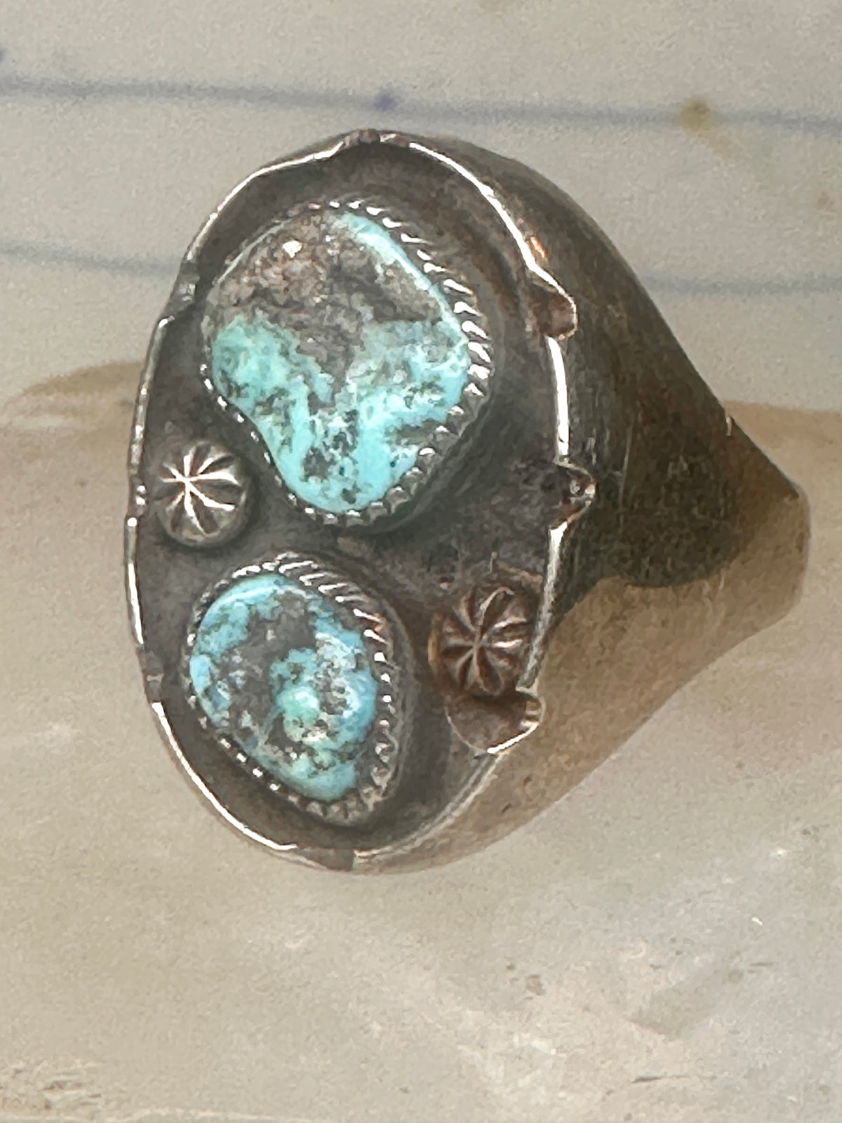 Vintage Navajo Southwestern Sterling Silver Two Stone Turquoise Starburst Shield Ring Size 10 925