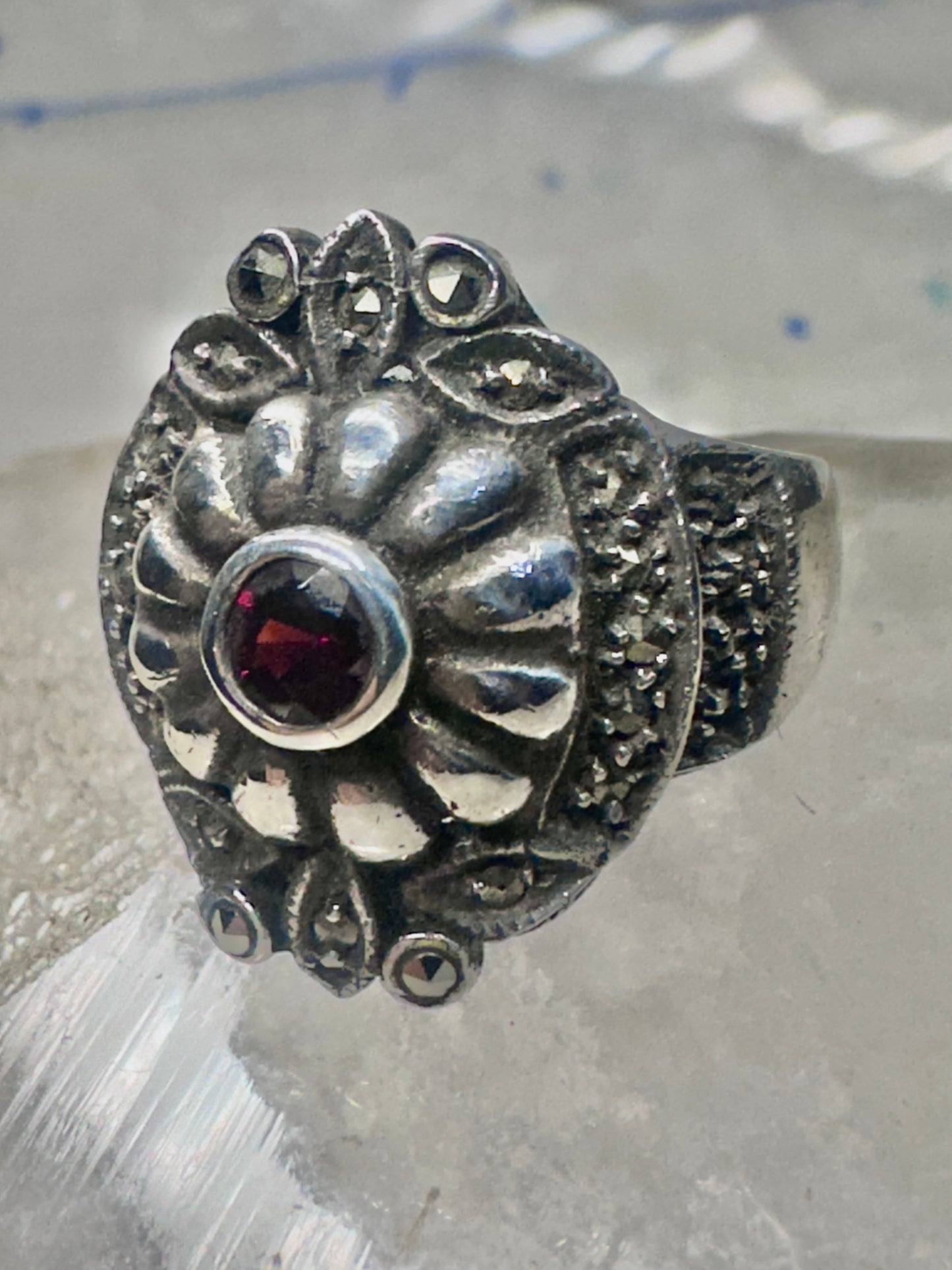 Art Deco ring marcasite band garnet Solid band Size 4.50 sterling silver women girls